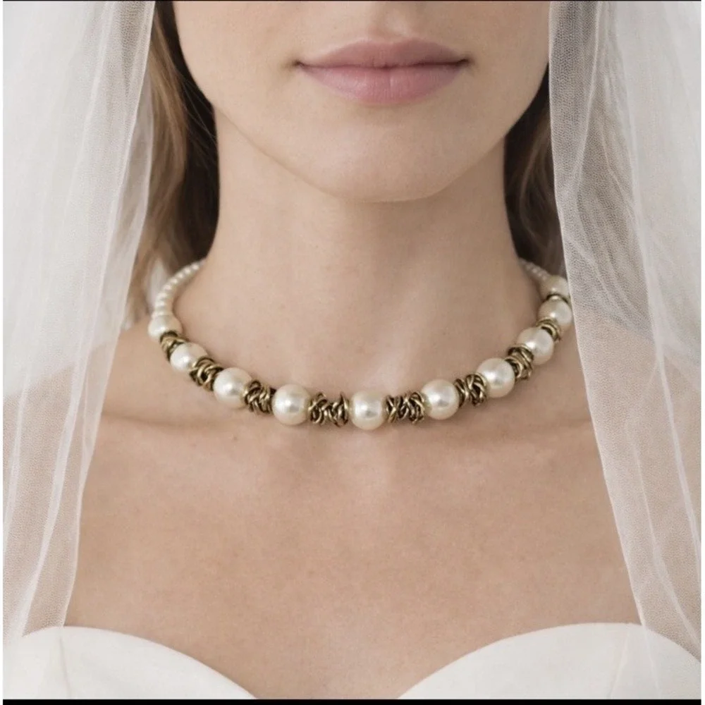 Faux Pearl Choker‎ Necklace Bridal Head Piece Antique Gold Tone Vintage One Size